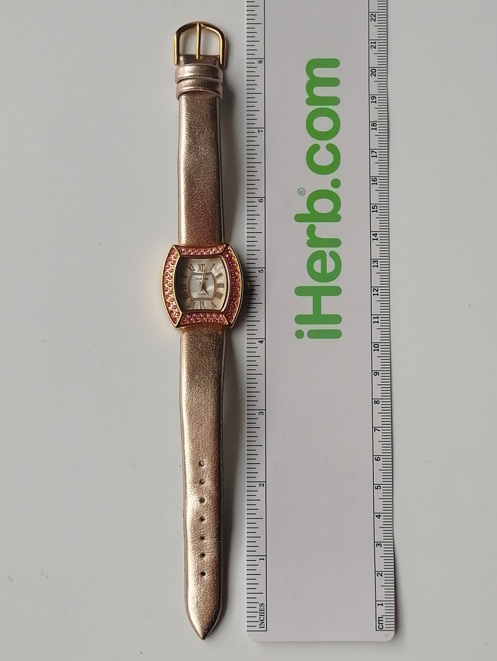 Hudson Analog Wristwatch Goldtone Tonneau Case Pink Crystal Genuine Leather Band - Picture 8 of 8